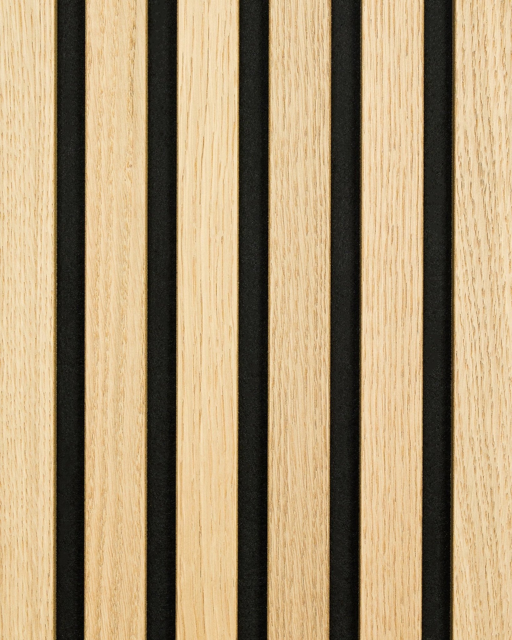 Akupanel acoustic panel in Classic Oak with black felt backing, featuring vertical wooden slats and black gaps for a modern, linear Nordic design.