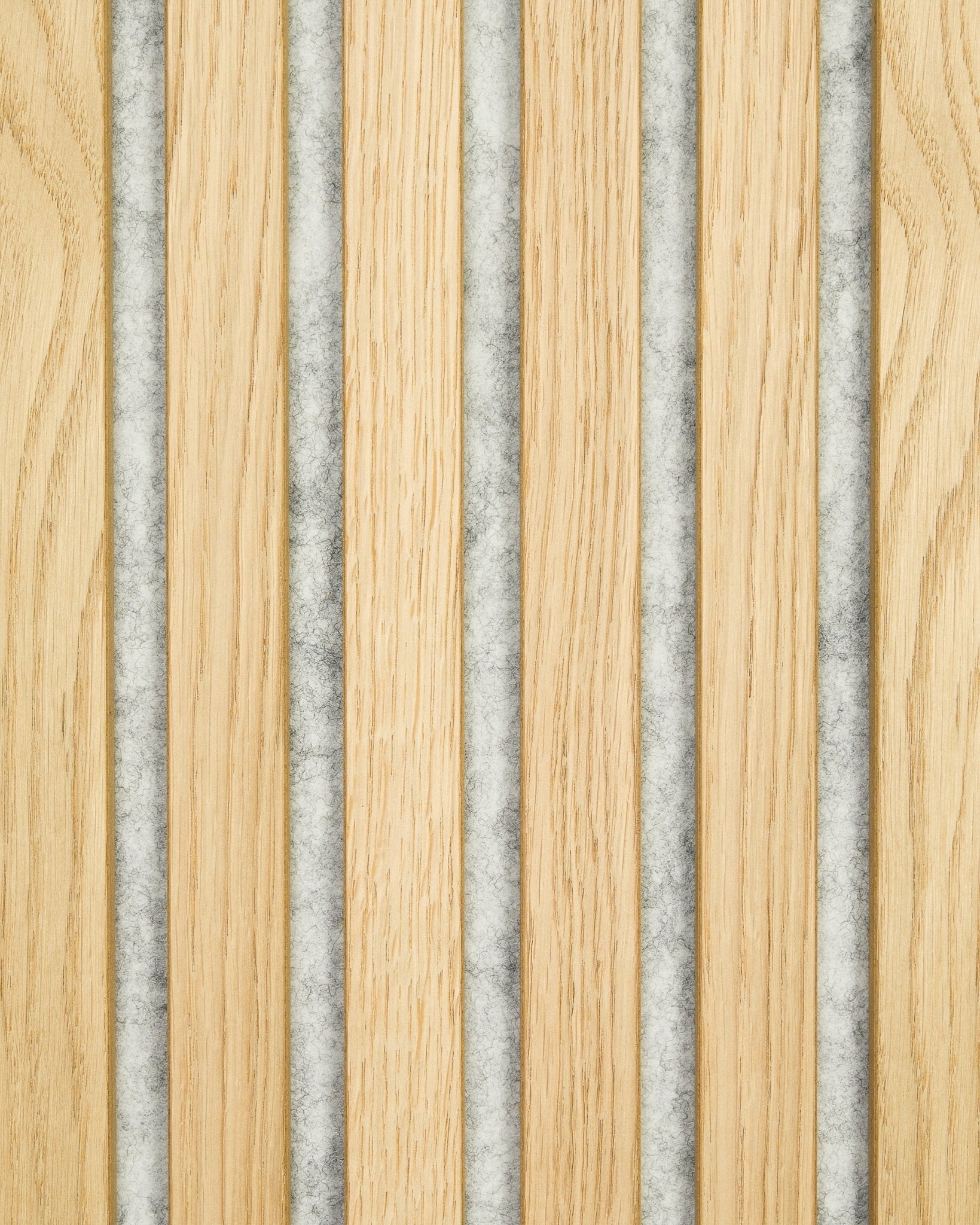 Akupanel sample by WoodUpp in Classic Oak with alternating wood slats and grey felt panels, displaying a modern, geometric Nordic acoustic panel design.