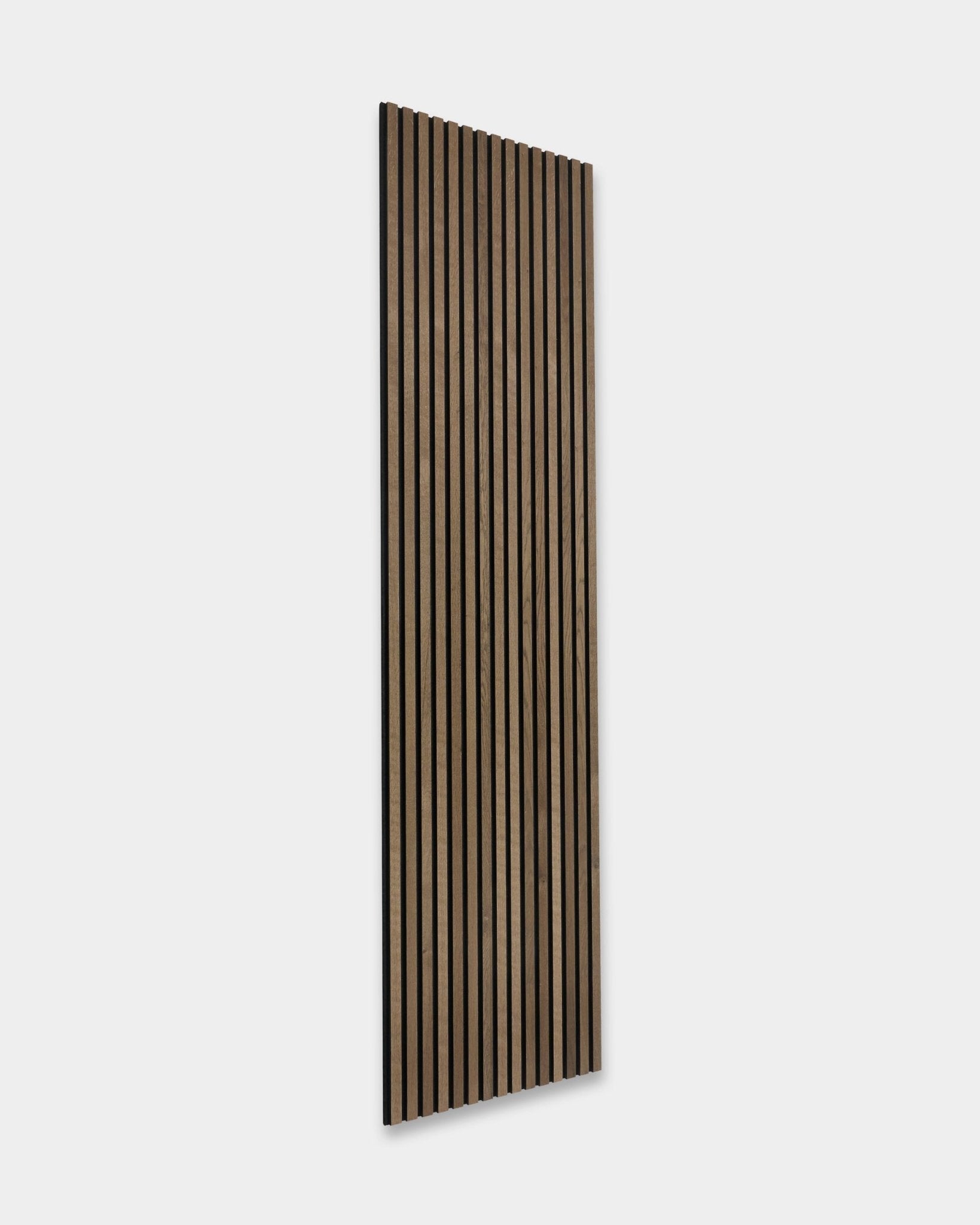 WoodUpp Rustic Akupanel acoustic panel in Grey Oak, Scandinavian style, with evenly spaced vertical slats, size 240 x 60 cm.
