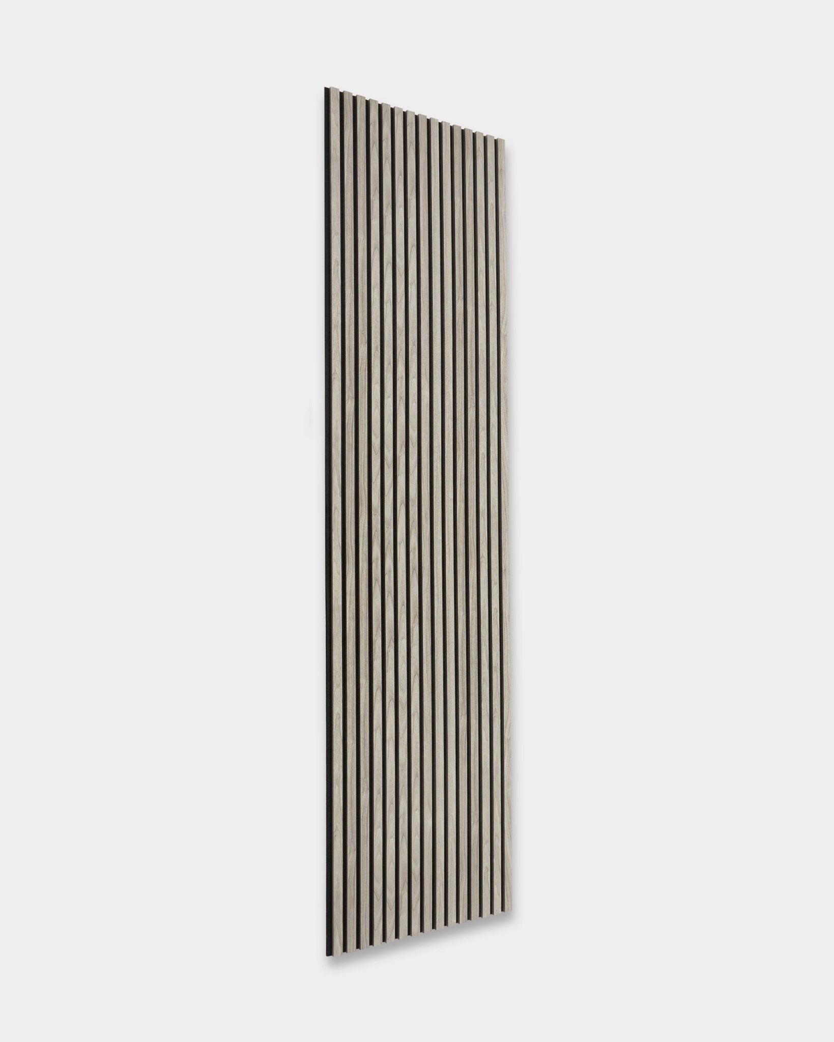 WoodUpp Essential Akupanel in Weathered Oak, 240x60 cm, Nordic acoustic panel with vertical black slats on light gray backing, shown on white background.