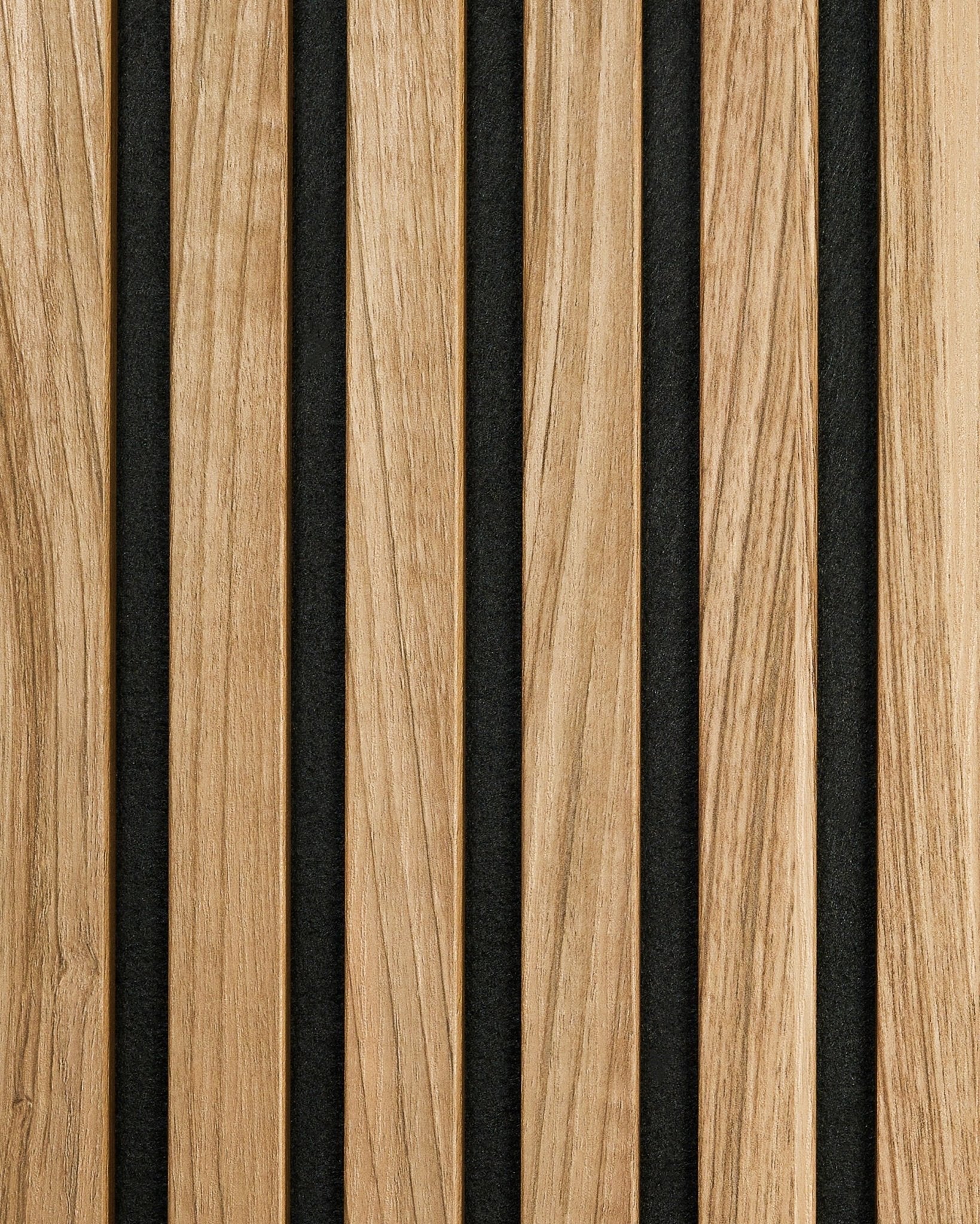 The Essential | Sample / English Walnut by WoodUpp features vertical acoustic panel slats in natural walnut with black gaps for a modern, minimalist effect.