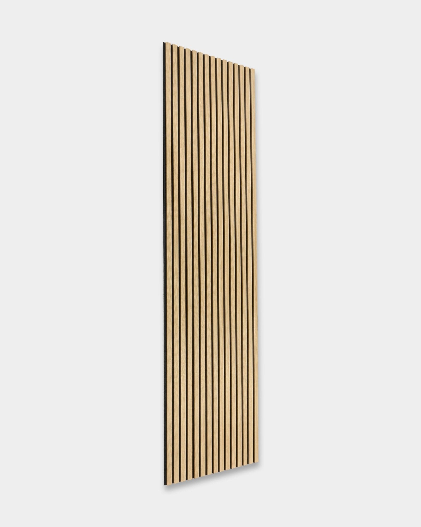 WoodUpp Akupanel in Southern Oak, 300 x 60 cm wood-like acoustic panel with black felt.
