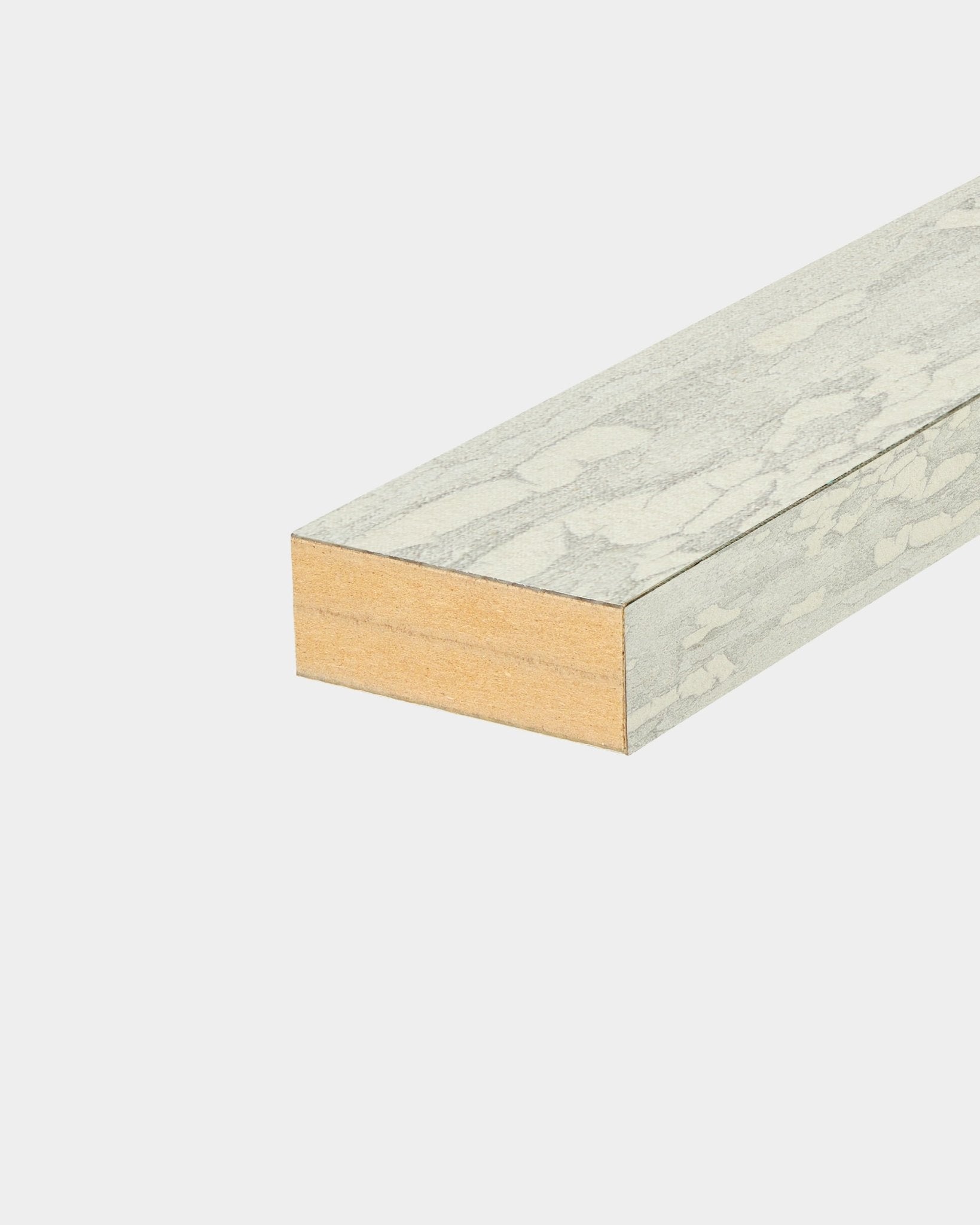 WoodUpp Akupanel end lamella in Oxide White, 6.7cm wide, with a textured pale gray finish, designed for acoustic panel or slatwall panel installations.