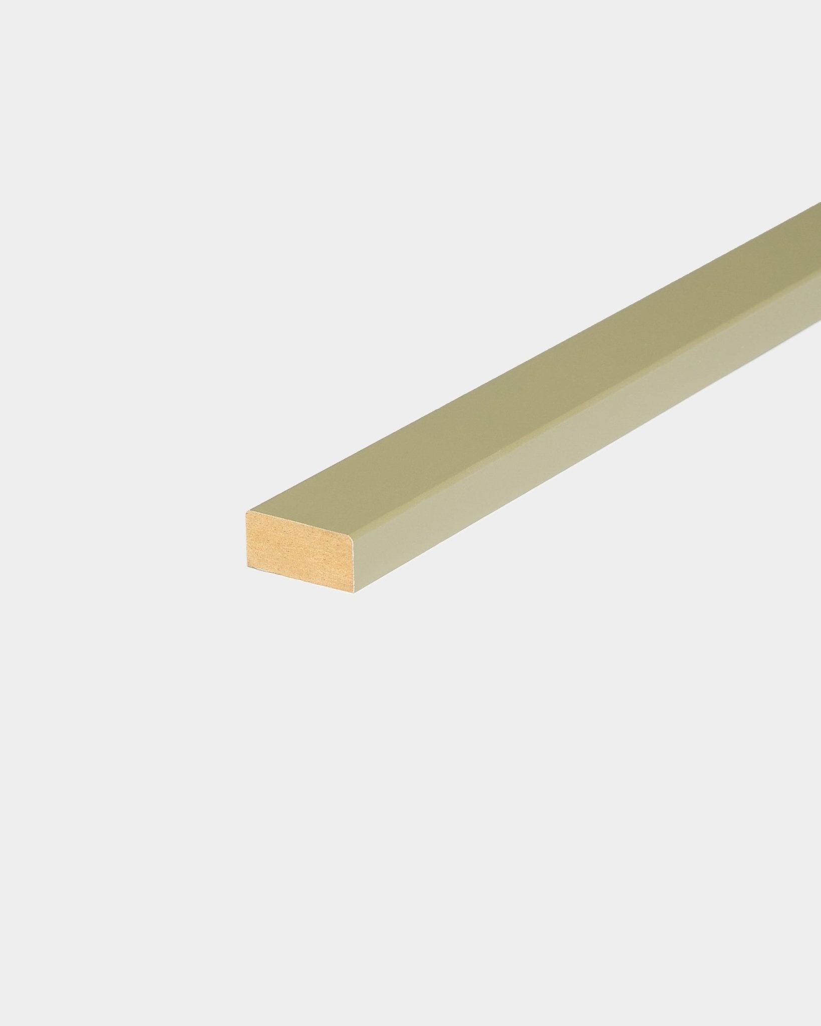 WoodUpp Lamella Moss 240 cm, a light olive-green trim designed for edge finishing of Nordic acoustic panels on white backgrounds.