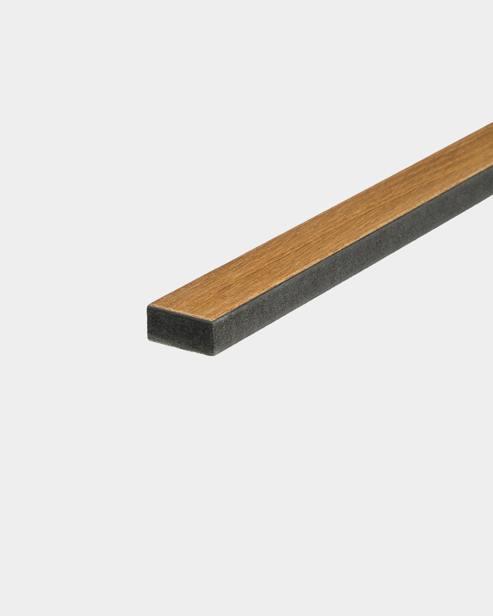 WoodUpp Lamella Rustic Brown Oak slat, 240 cm length with dark edges, displayed on a plain white background. Nordic acoustic product detail shown.