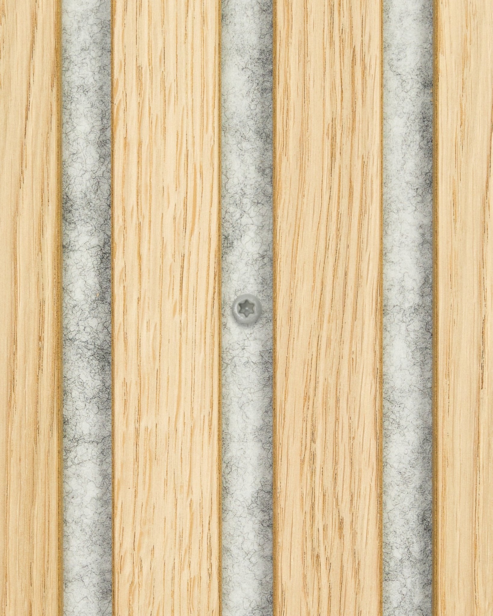 A single WoodUpp installation screw is set in the center grey metal strip between vertical wood slats of an acoustic panel. Sold in packs of 100 pieces.