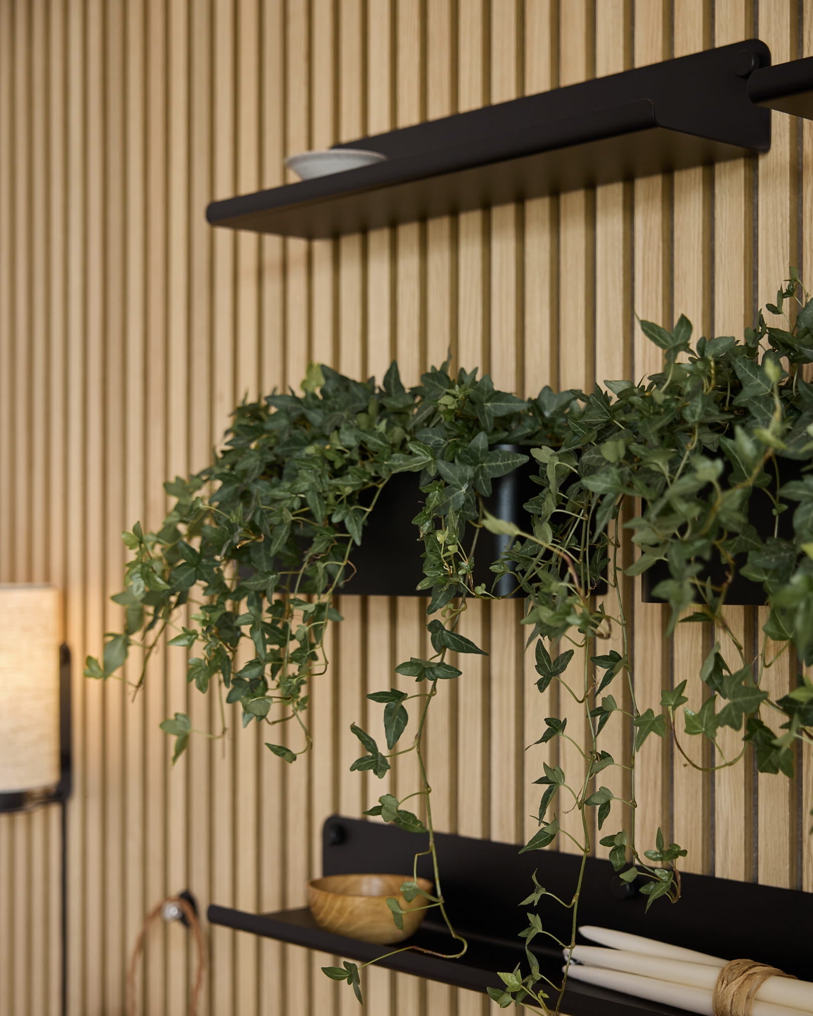 Vertical Akupanel acoustic wood slat wall features black shelves, minimalist decor, greenery, and a black WoodUpp Norr Plant Box (35.9 cm).