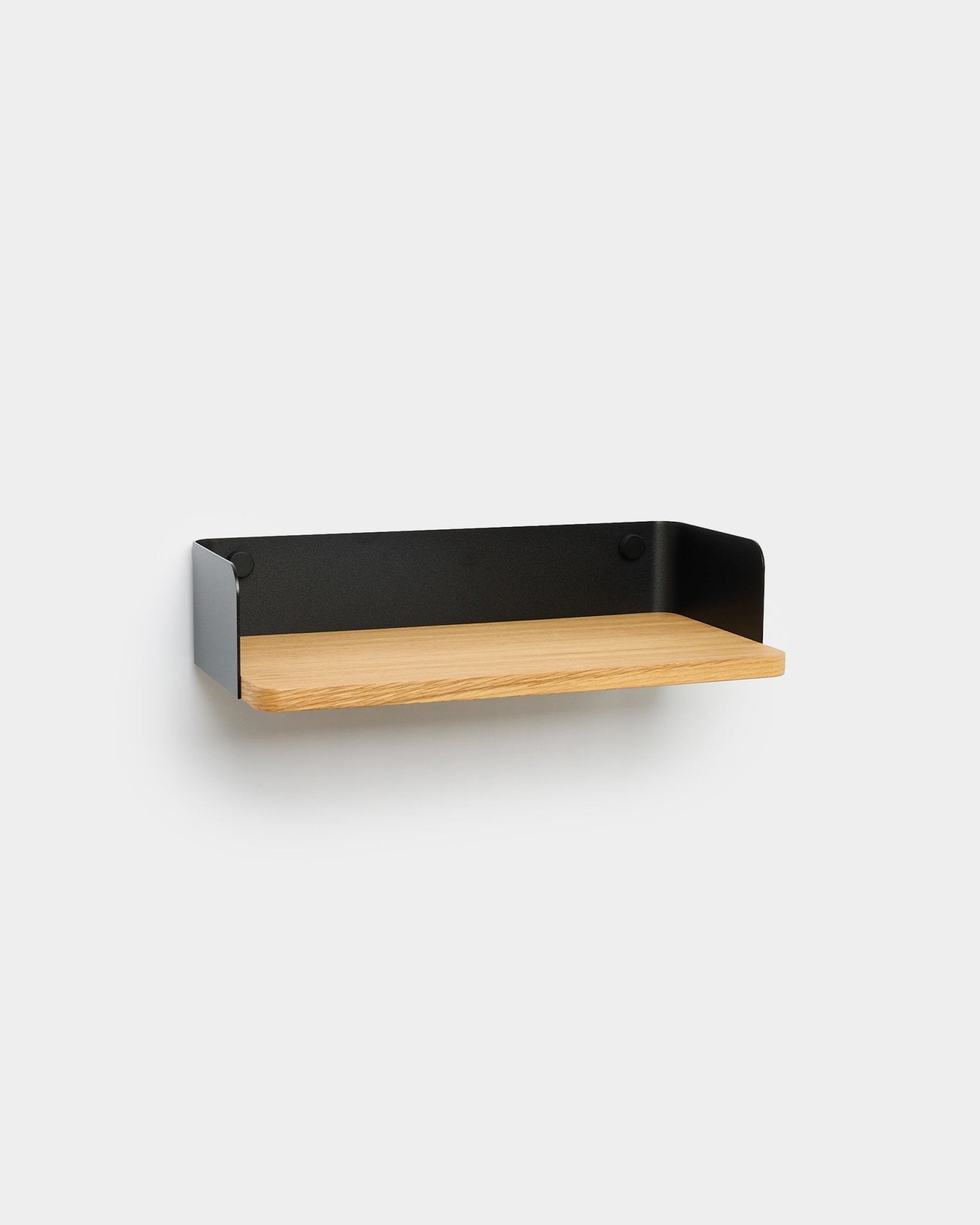 WoodUpp Linn bookshelf in natural oak, 39.9cm wide with black metal sides, Nordic minimalist wall-mounted design shown against a white background.