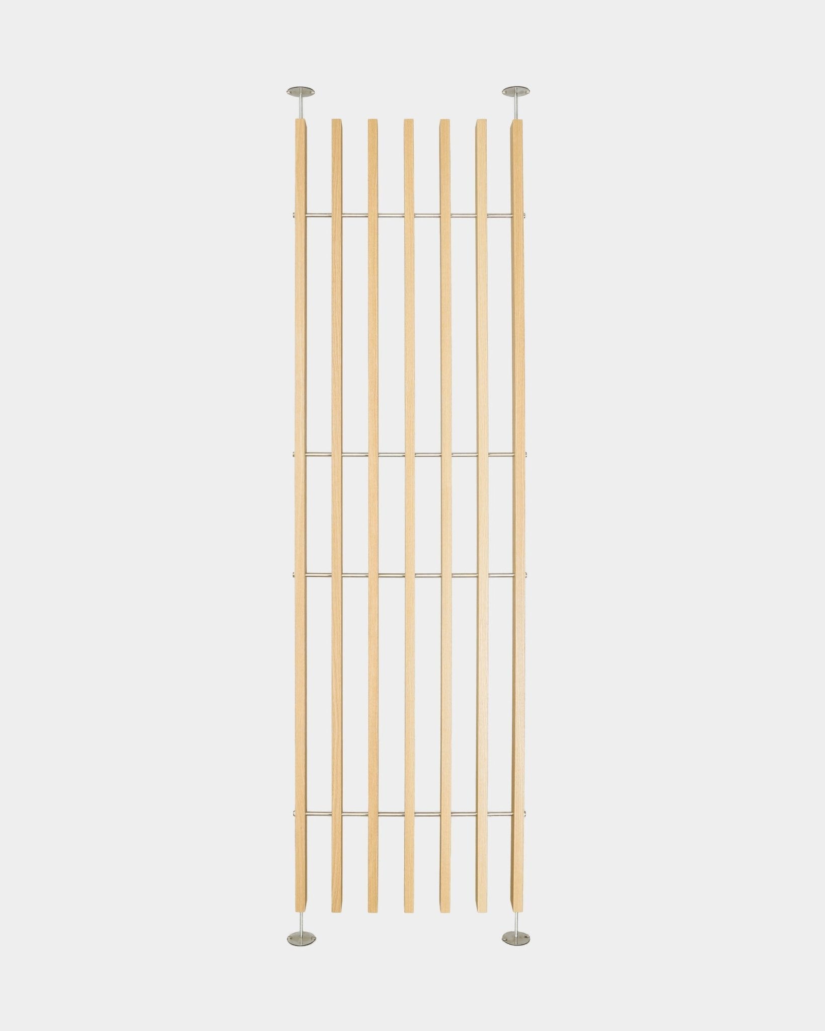 Embrace BM1 room divider by WoodUpp, Nordic-style floor-to-ceiling oak slats with metal supports, adjustable height 236–252 cm, tool-free installation.