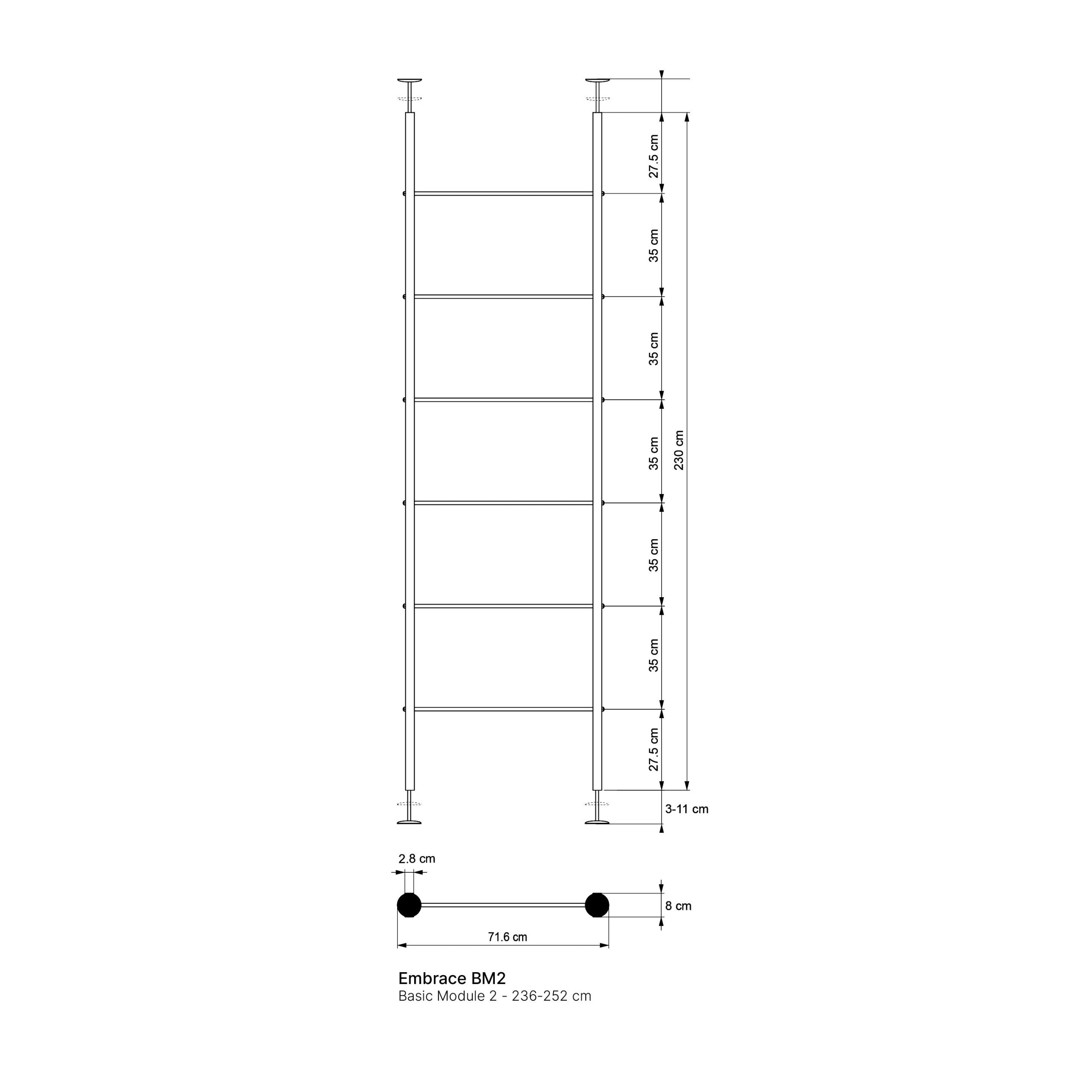 Technical drawing of a tall acoustic shelving unit with six shelves, dimensions labeled in centimeters, and a top-down diagram indicating width and depth.