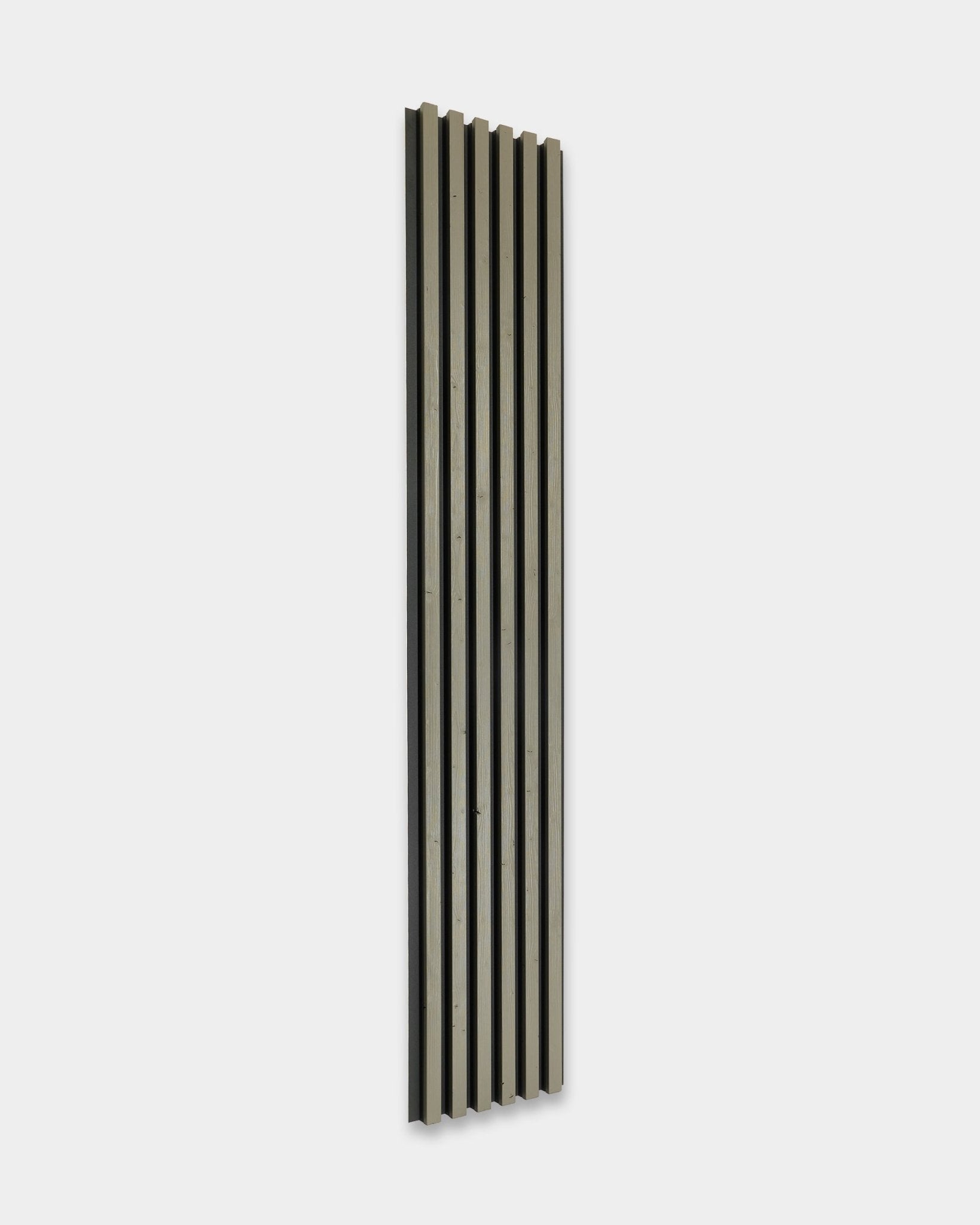 Akupanel acoustic slat wall panel with grey wood slats on black backing on plain grey background