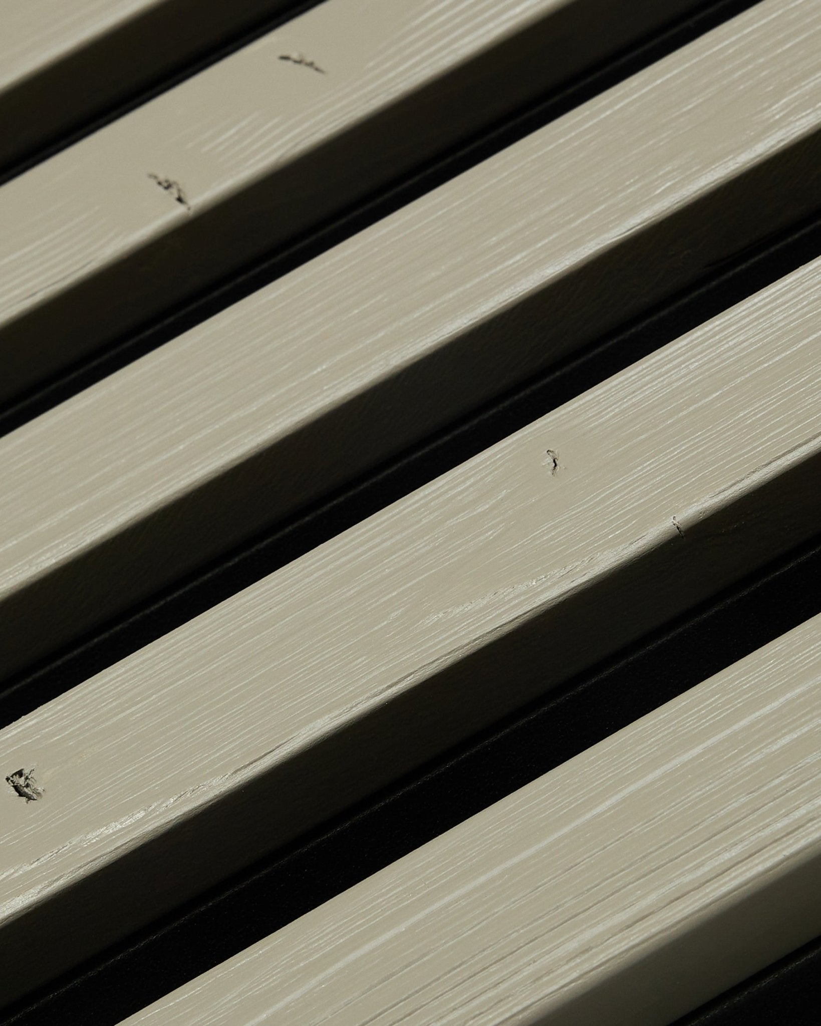 Close-up of WoodUpp Aluwood grey facade panel (240 x 45.1 cm) featuring small black ants crawling on exterior slats.