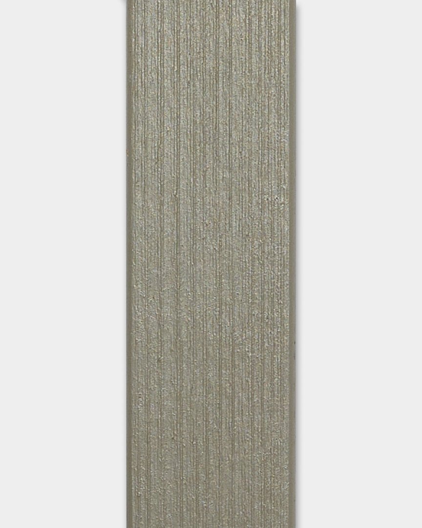 WoodUpp Aluwood Grey Lamella facade panel, 240 x 4 x 1.8 cm, with vertical grooves and a plain white background designed for outside corner installation.