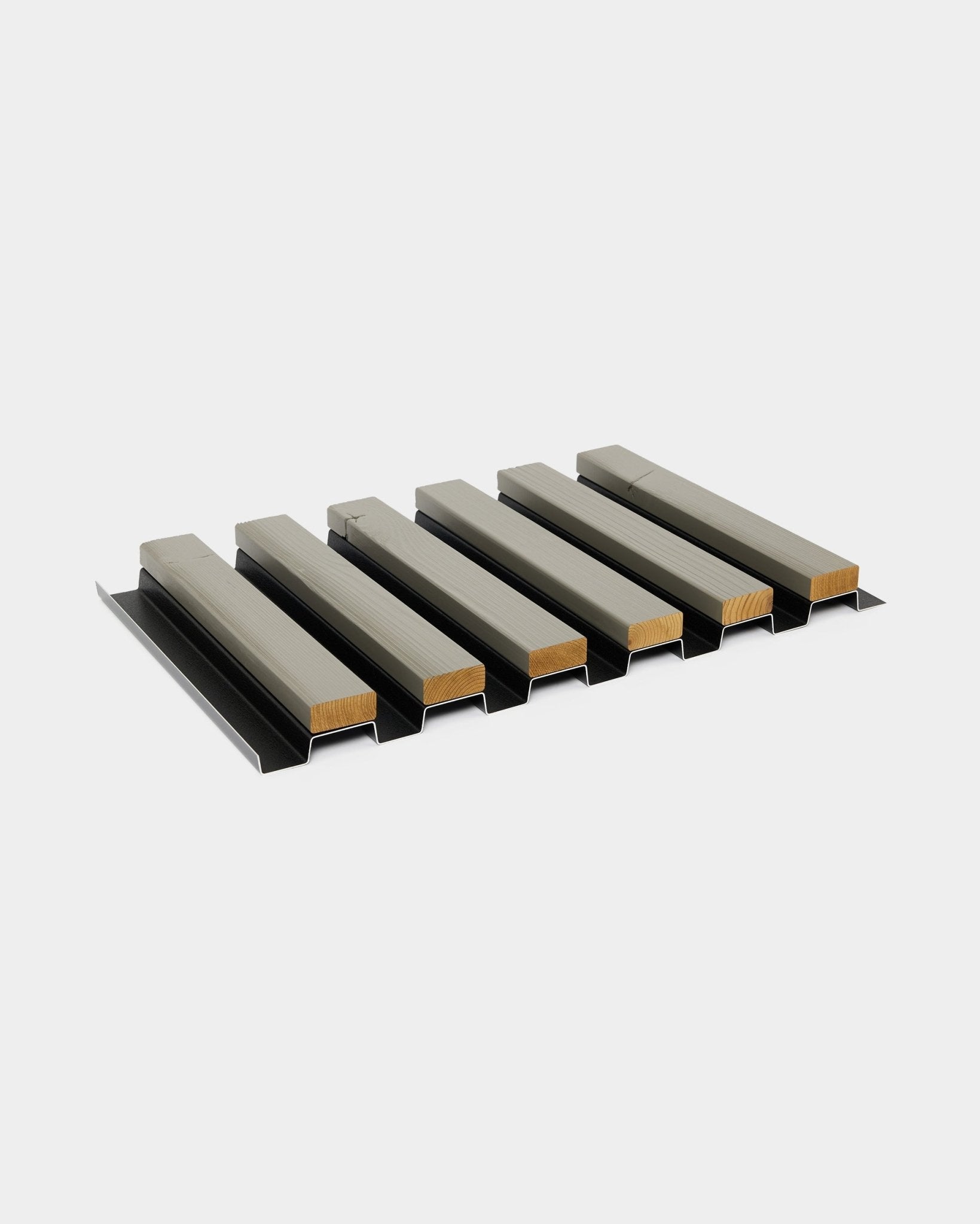 Six Aluwood facade panel samples in grey finish (45.7 x 27 cm) by WoodUpp are displayed on black metal supports against a light gray background.