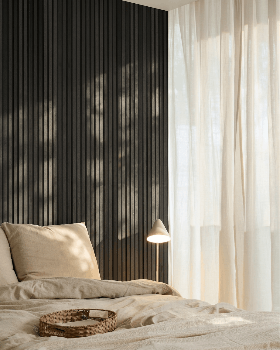 Akupanel | Acoustic Panel / Natural Wood, Black Ash, Black Felt, 240 x 60 cm