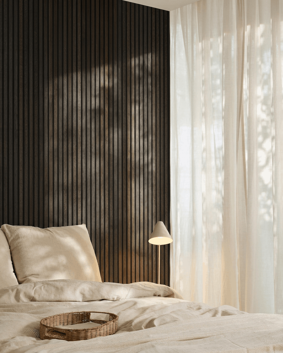 Akupanel | Acoustic Panel / Natural Wood, Rustic Smoked Oak, Black Felt, 240 x 60 cm