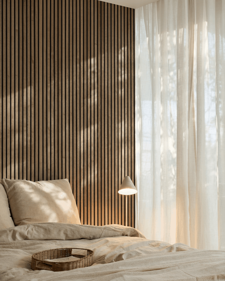 Akupanel | Acoustic Panel / Natural Wood, Walnut, Black Felt, 300 x 60 cm