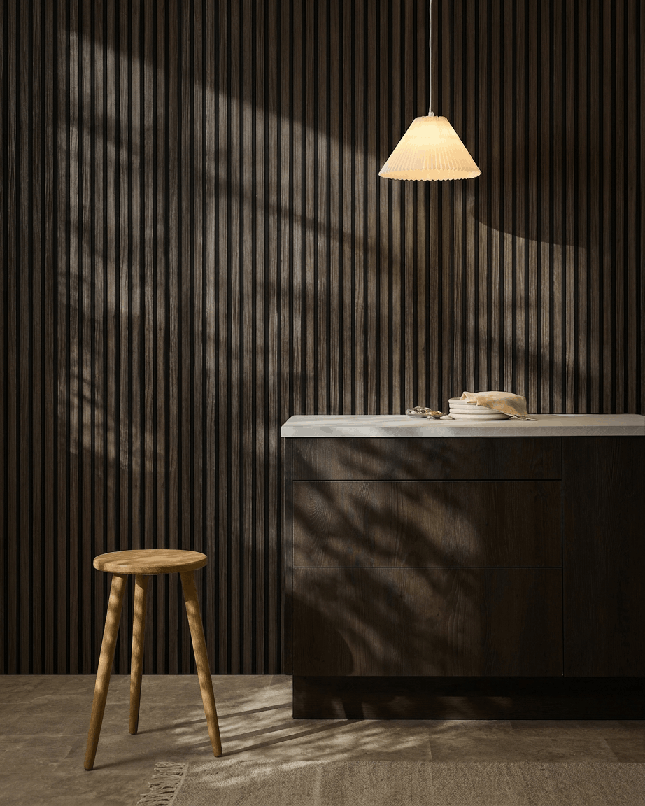 Akupanel in Black Oak with black felt in a kitchen.