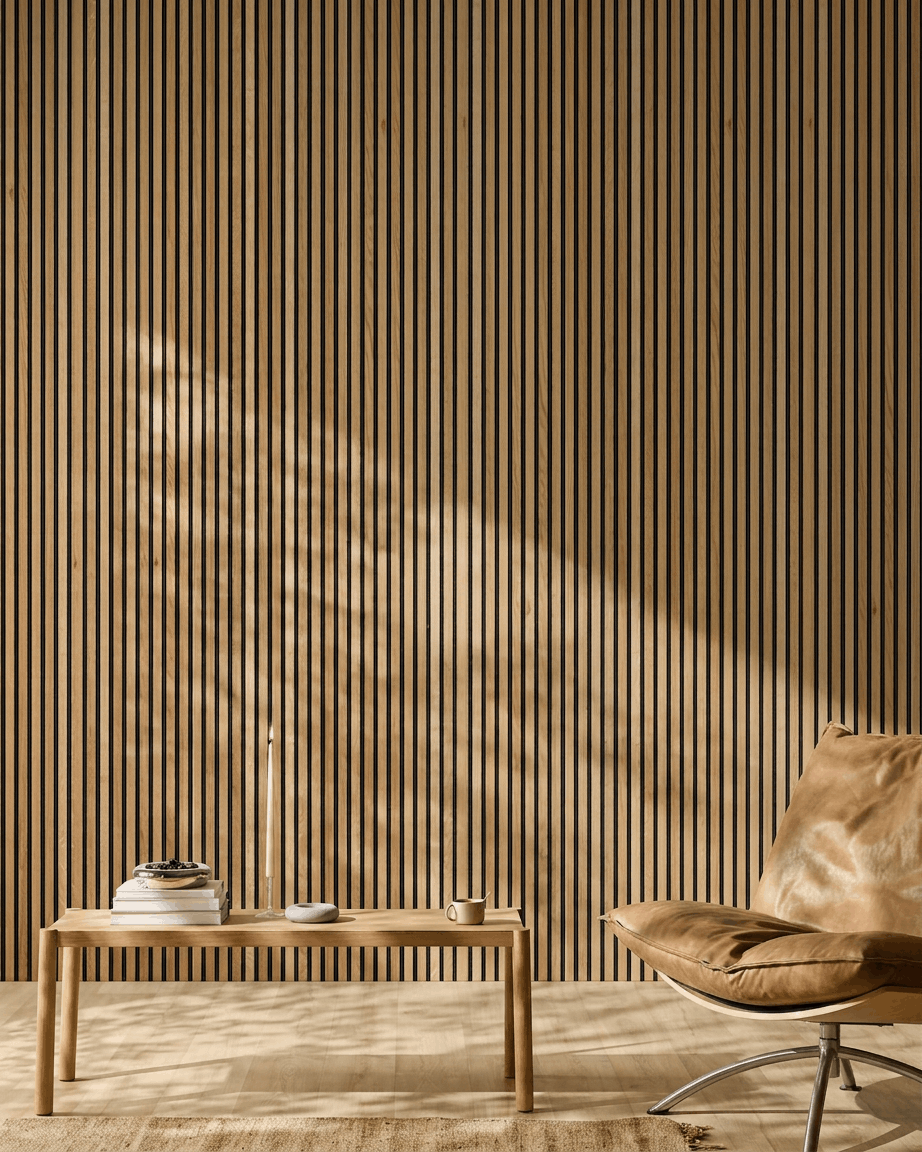 Akupanel | Acoustic Panel / Natural Wood, Rustic Brown Oak, Black Felt, 300 x 60 cm